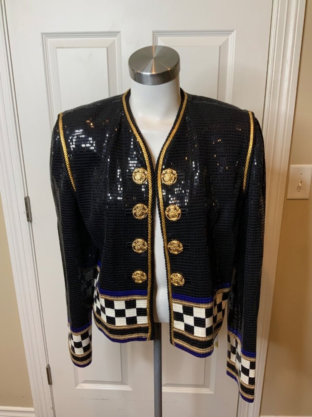 St. John Collection Black Blue Checkerboard Sequin Gold Button Jacket, Size 8